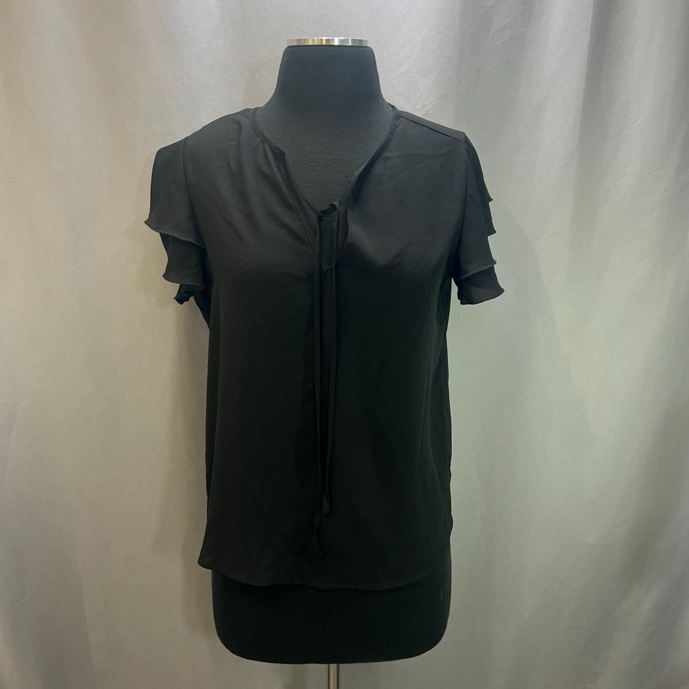 New York & Company Blouse Top Womens S Black Tie Front Ruffle Sleeve Office Wear